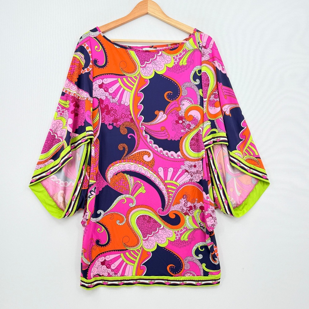 Trina Turk Tunic Top Womens Large Pink Orange Paisley Retro Mod Psychedelic Chic